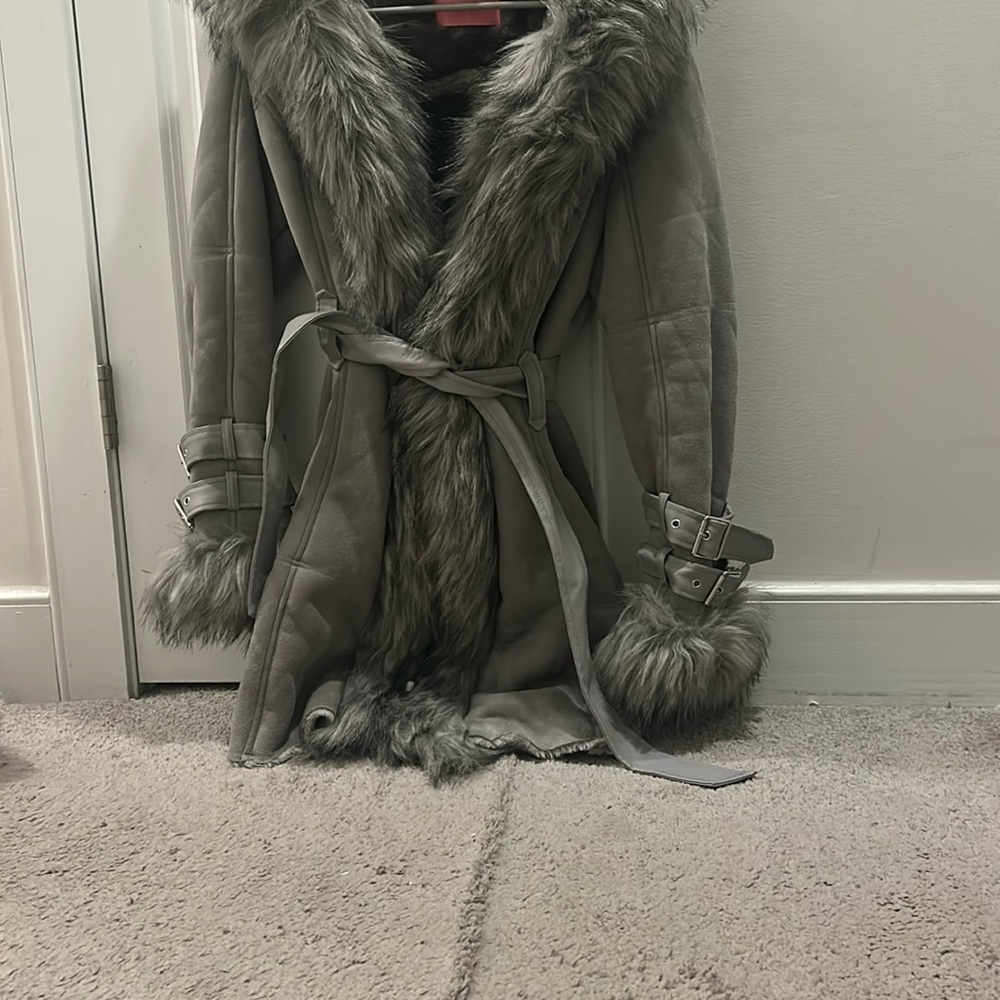 Gray teddy Jacket with Plush Faux Fur Trim